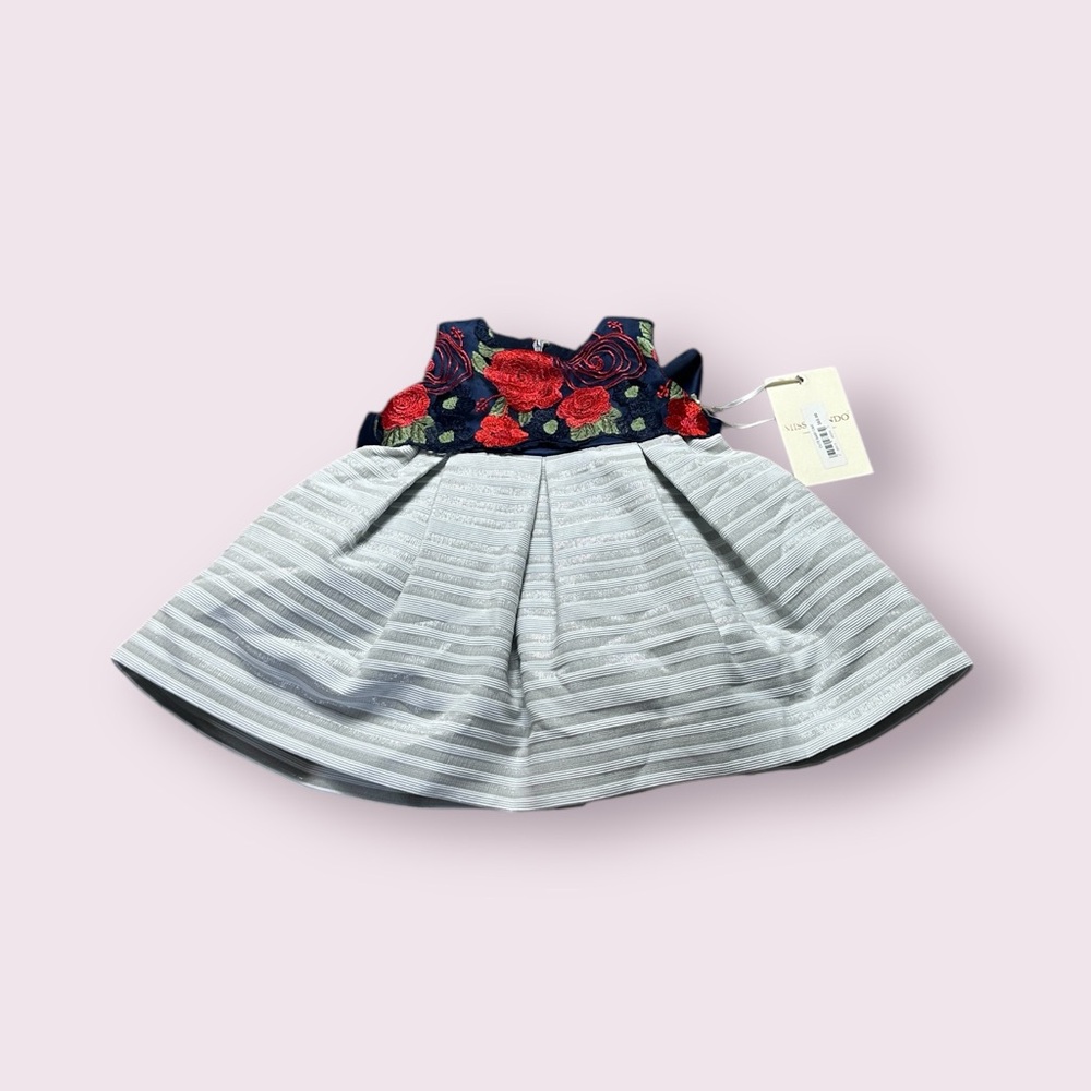 NWT Baby Miss Mondo Navy Blue Red Embroidered Floral And Stripes Fancy Dress 6M